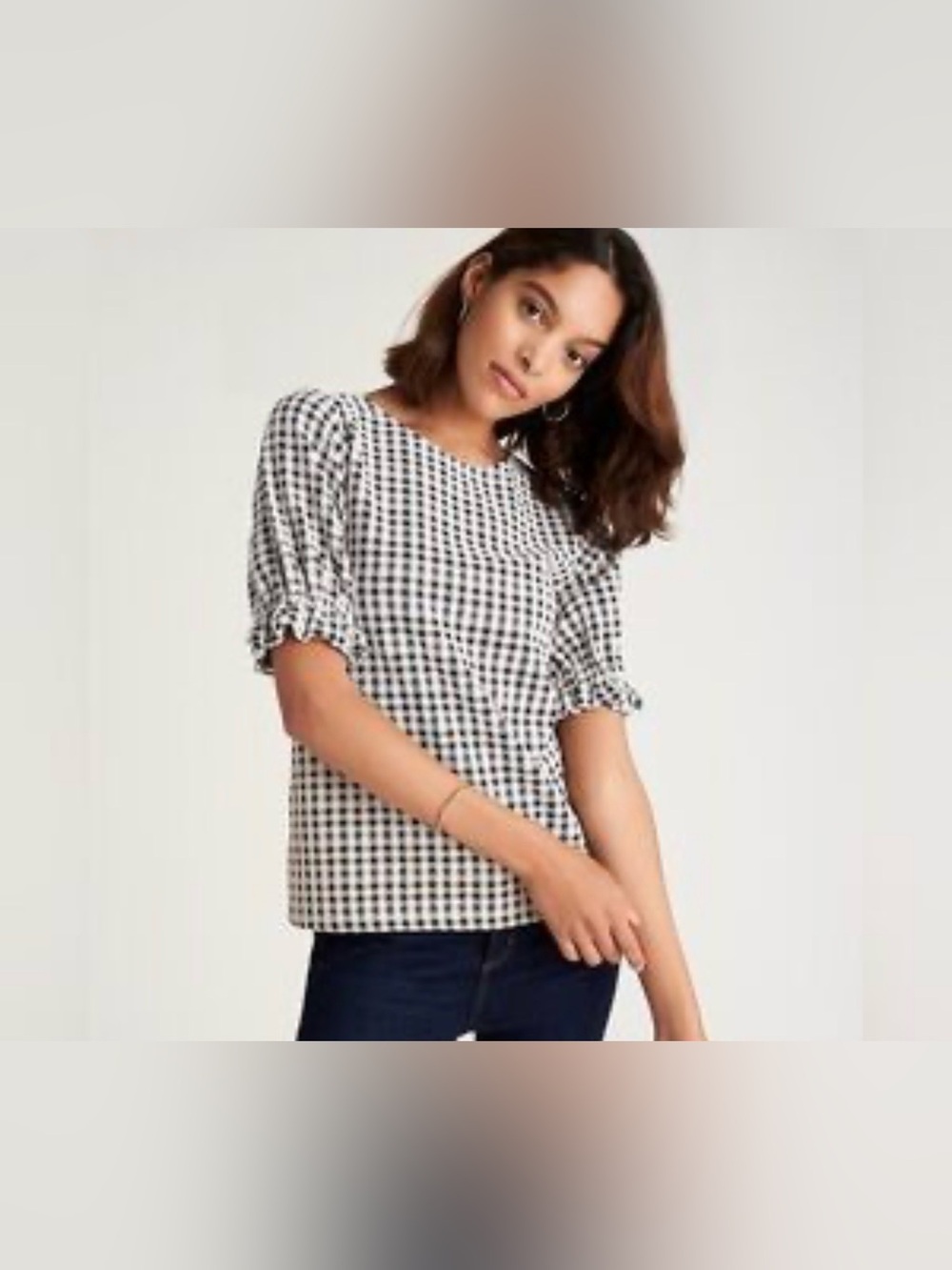 Ann Taylor Black and White Gingham Puff Sleeve Tunic